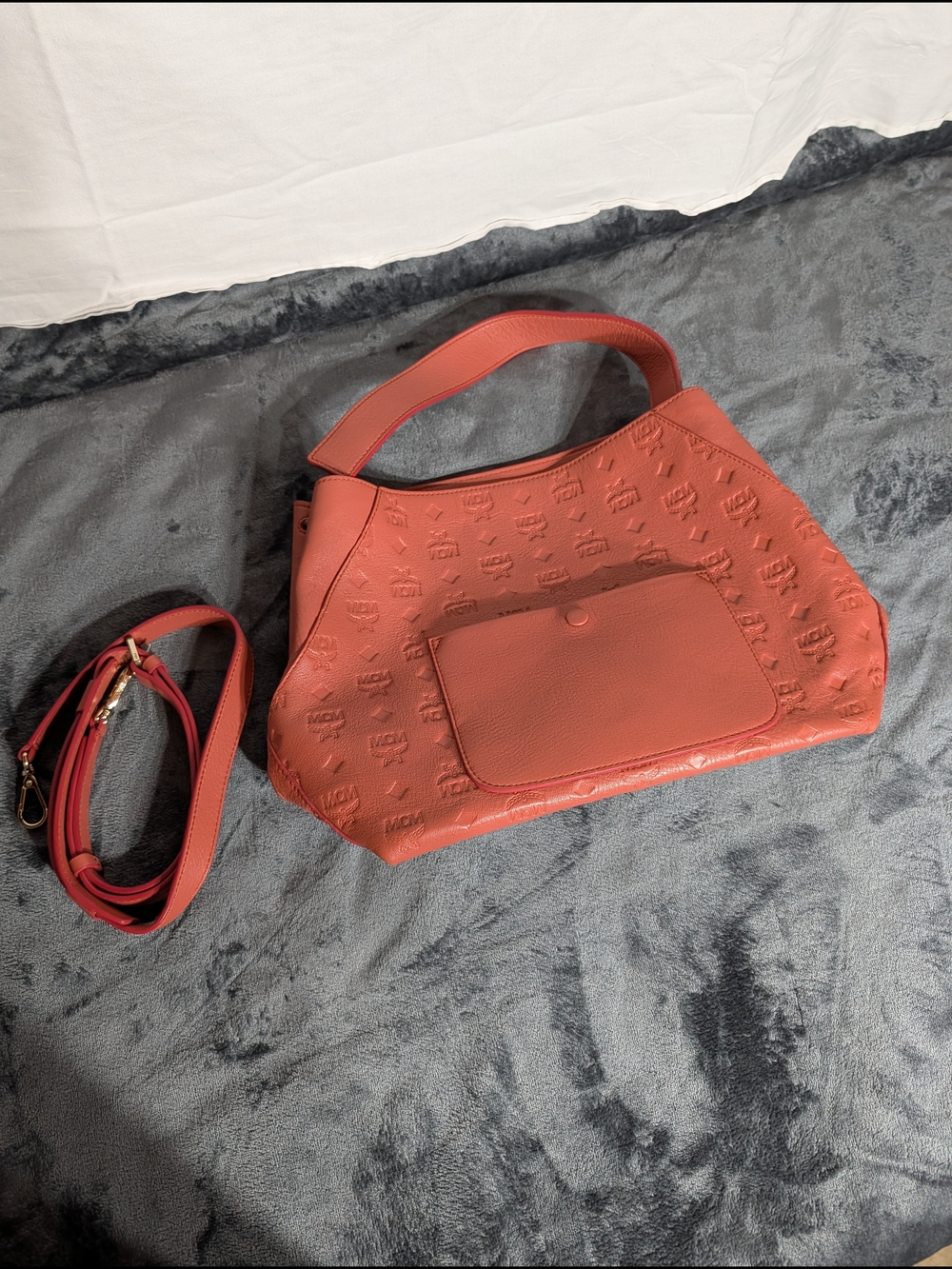 MCM Medium Klara Embossed Shoulder Bag w/ Detachable Strap, "Ruby Tan Gold"